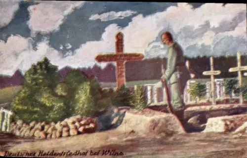 Ak Vilnius Wilna Wilno Litauen, Deutscher Heldenfriedhof, Soldat mit Schaufel, Grabkreuze, Landsc