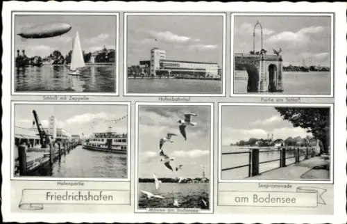 Ak Friedrichshafen am Bodensee, Hafenbahnhof, Schloss, Zeppelin, Seepromenade, Hafenbild, Möwen