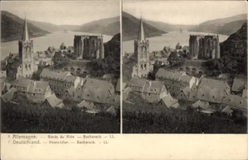 Stereo Ak Bacharach am Rhein im Kreis Mainz Bingen, Teilansicht vom Ort, Rheinufer