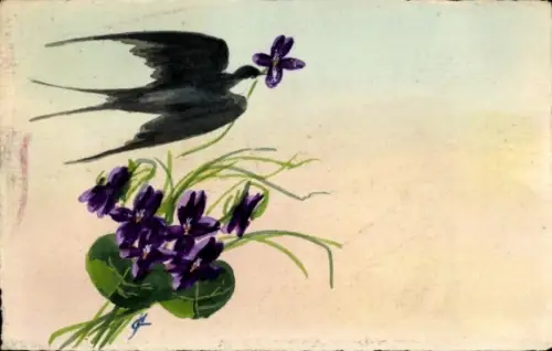 Handgemalt Ak Schwalbe, Blumen, Veilchen