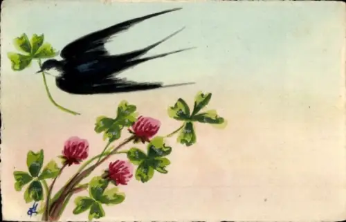 Handgemalt Ak Schwalbe, Kleeblätter