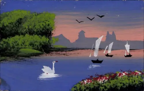 Handgemalt Ak Seelandschaft, Segelboote, Schwan
