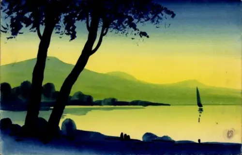 Handgemalt Ak Seelandschaft, Bergkette, Segelboot