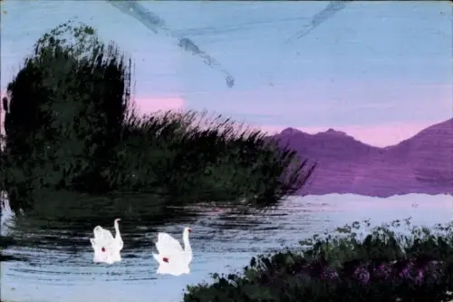 Handgemalt Ak Seelandschaft, Bergkette, Schwäne