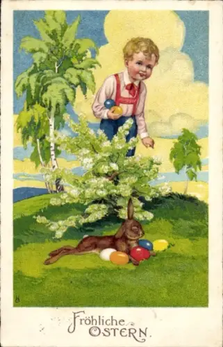 Künstler Ak Glückwunsch Ostern, Junge, Osterhase, Ostereier