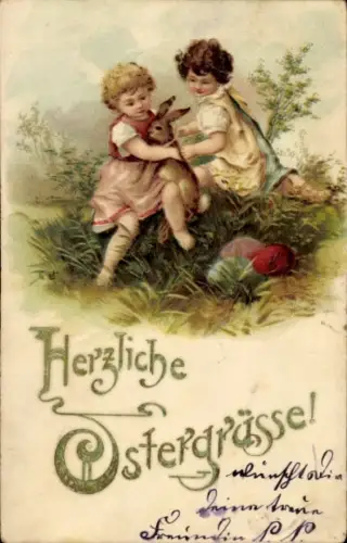 Präge Ak Glückwunsch Ostern, Kinder, Osterhase, Ostereier