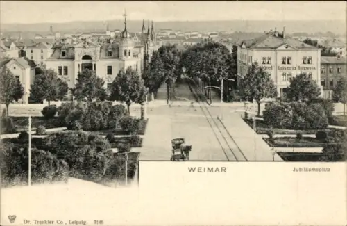 Ak Weimar in Thüringen, Goethe, Jubiläumsplatz,  Straßenbahn, Kutsche, Gebäude