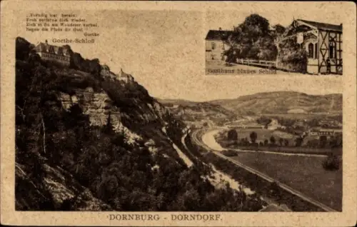 Ak Dornburg an der Saale Thüringen, Goethe-Schloß, Gasthaus blaues Schild,  Landschaft