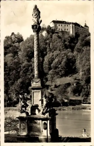 Ak Wernstein am Inn Oberösterreich, Mariensäule, Schloß Neuburg,  Flusslandschaft