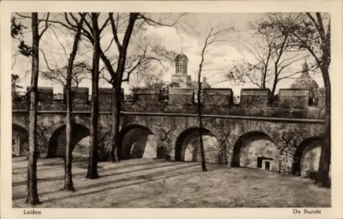 Ak Leiden Südholland Niederlande, De Burcht,  Stadtmauer, Bäume, Schatten