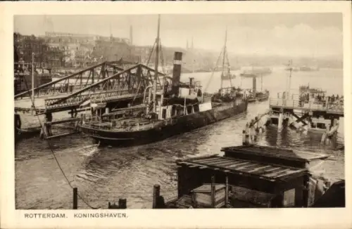 Ak Rotterdam Südholland Niederlande, Schiff im Hafen, Brücke, Wasser,  Koningshaven