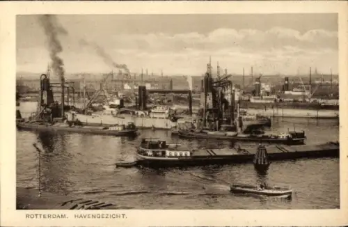 Ak Rotterdam Südholland Niederlande, Schiffe im Hafen, Industrieanlagen, Rauch, Wasser