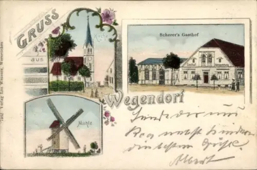 Litho Wegendorf Altlandsberg in der Mark, Kirche, Scherer's Gasthof, Windmühle