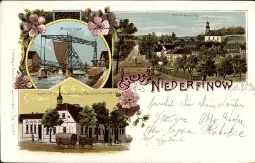 Litho Niederfinow im Barnim, Zugbrücke, Gasthof Caroline Herbst, Gesamtansicht, Kirche