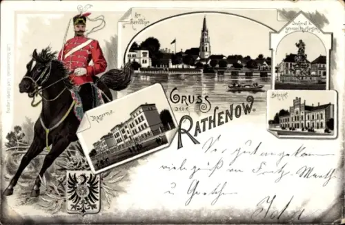 Litho Rathenow im Havelland, Bahnhof, Kaserne, Denkmal des gr. Kurfürsten, Haveltor, Rennplatz