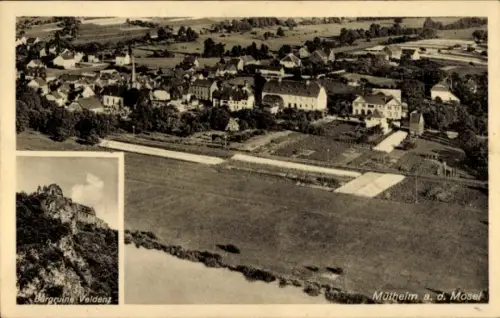 Ak Mülheim an der Mosel, Luftaufnahme von  Bargruine Veldenz, Landschaft