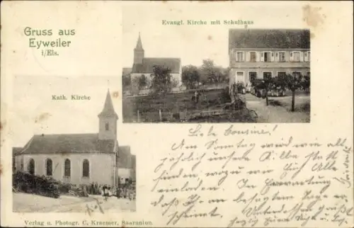 Ak Eywiller Eyweiler Elsass Bas Rhin, Kath. und evang. Kirche, Schulhaus