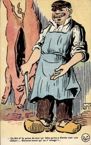 Künstler Ak Griff, Metzger, Messer, Schwein