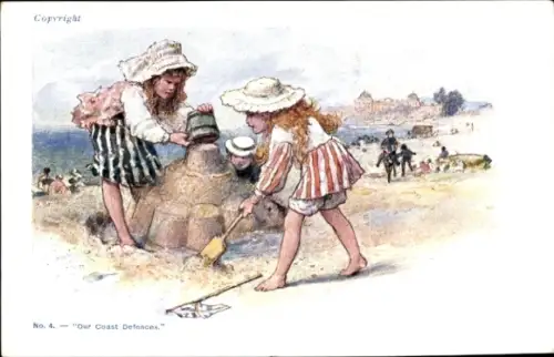 Litho Strand, Mädchen bauen eine Burg aus Sand