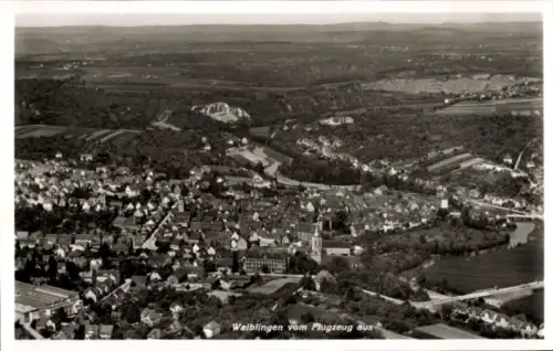Ak Waiblingen in Württemberg, Luftaufnahme von  Fluss, Häuser, Landschaft