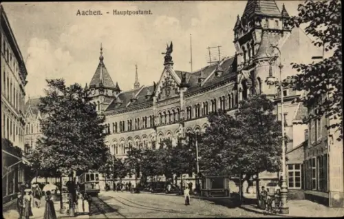 Ak Aachen, Aachen Hauptpostamt, Straßenansicht, Bäume, Straßenbahn