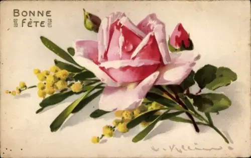 Künstler Litho Klein, Catharina, eine rosa Rose und gelbe Blüten