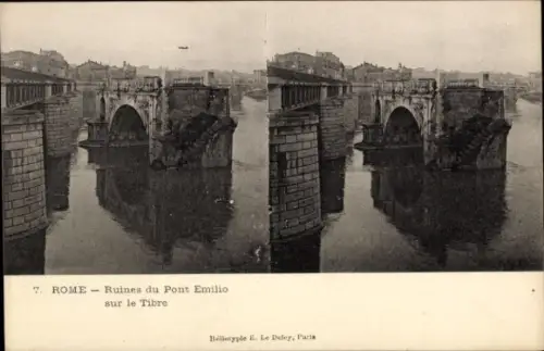Ak Fregenae Roma Rom Lazio, Ruinen des Pont Emilio, Tiber, frühes 20. Jahrhundert, stereoskopisch