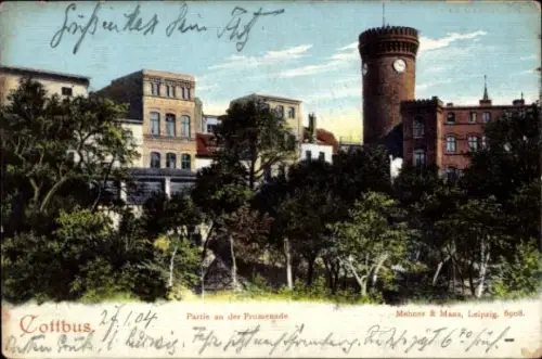 Ak Cottbus in der Niederlausitz,  Partie an der Promenade, Bäume, Gebäude, Turm