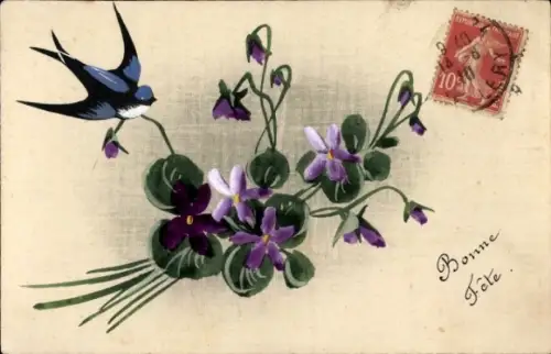 Handgemalt Ak Schwalbe, Blumen