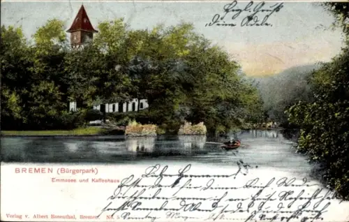 Ak Schnoor Bremen, Bürgerpark, Emmasee, Kaffeehaus, Boot auf dem Wasser