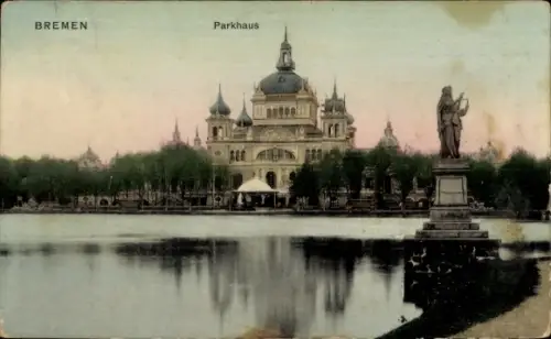Ak Schnoor Bremen,  Parkhaus, Wasser, Statue, Bäume