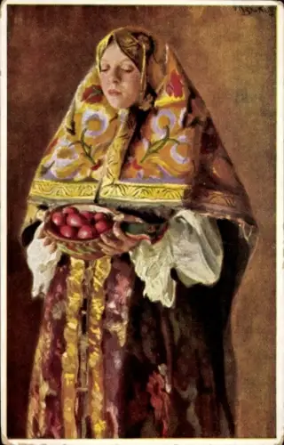Künstler Ak Russisches Mädchen mit Ostergabe