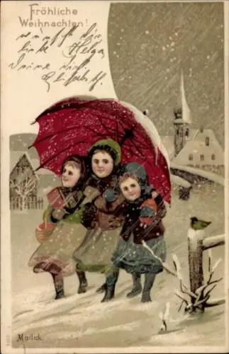 Künstler Ak Mailick, Glückwunsch Weihnachten, Kinder unter Schirm