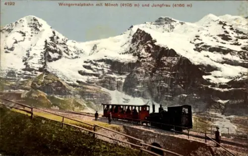 Ak Wengen Kanton Bern, Wengernalpbahn, Mönch, Jungfrau, Berglandschaft, Dampflokomotive