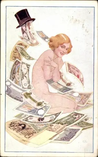 Ak Frau in Geldscheinen