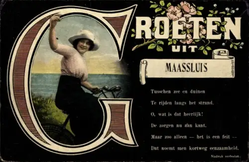 Gedicht Ak Maasluis Südholland Niederlande, Frau auf einem Fahrrad, Grüße aus