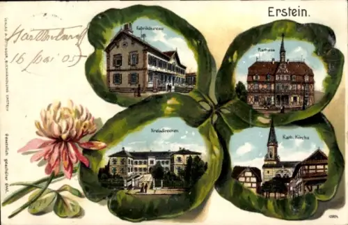 Litho Erstein Elsass Bas Rhin, Rathaus, Katholische Kirche, Fabrikbureau, Kreisdirektion