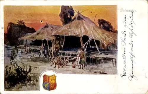 Künstler Ak Rarotonga Palmerston Ozeanien, Einheimische vor einem Wohnhaus, Wappen