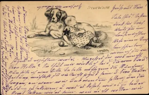 Künstler Ak Treue Wacht, Bernhardiner und schlafendes Kleinkind