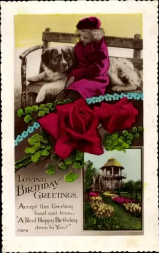 Ak Glückwunsch Geburtstag, Mädchen mit Bernhardiner auf einer Bank, Blumenbeete, Gingko