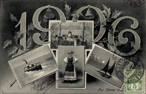 Ak Chillon Lac Léman Kt. Waadt Schweiz, Schloss, Dampfer, Frau in Tracht, Fröhliches Neujahr 1906