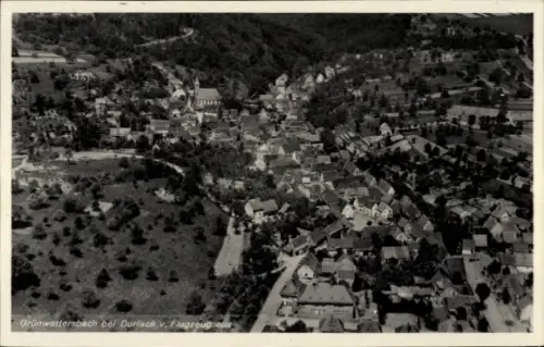 Ak Grünwettersbach Karlsruhe in Baden, Luftaufnahme von  Durlach, Häuser, Bäume, Landschaft
