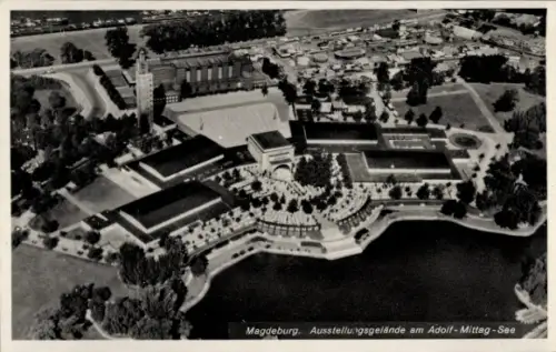Ak Magdeburg an der Elbe, Luftaufnahme,  Ausstellungsgelände, Adolf-Mittag-See