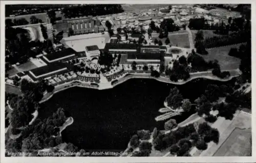 Ak Magdeburg an der Elbe, Luftaufnahme,  Adolf-Mittag-See, Ausstellungsgelände