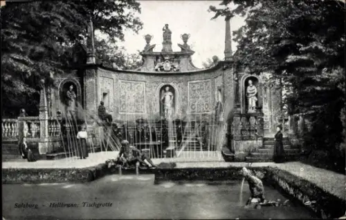 Ak Salzburg in Österreich, Brunnenanlage, Statuen, Wasserspiele, Hellbrunn, Salzburg