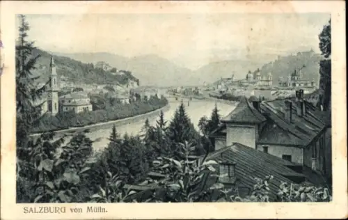Ak Salzburg in Österreich, Blick auf  Fluss, Berge, Bäume, Häuser