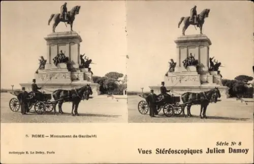Stereo Ak Roma Rom Lazio, Monument Garibaldi, Pferdekutsche