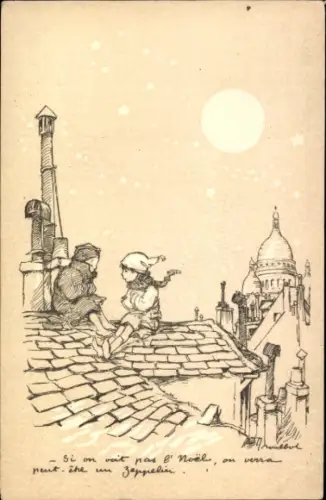 Künstler Ak Poulbot, Francisque, Zwei Kinder auf einem Dach warten auf Zeppelin