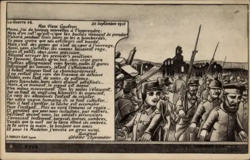 Künstler Ak La Guerre, September 1915, Puppentheater, Gnafron, Guignol