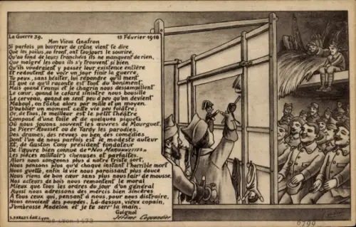 Künstler Ak La Guerre, Februar 1918, Puppentheater, Gnafron, Guignol, Soldaten